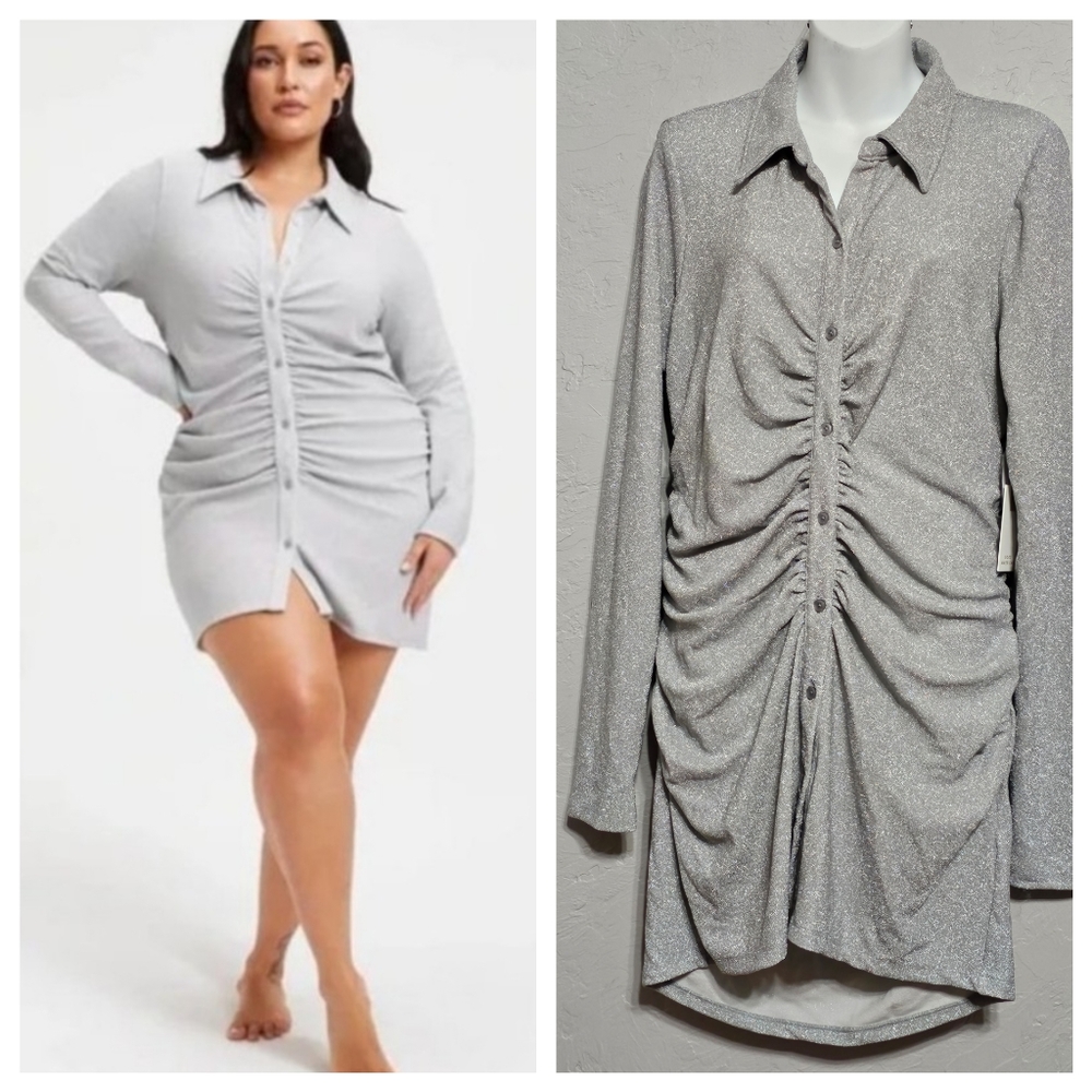 Good American size 2 Silver shimmer ruched mini dress NWT